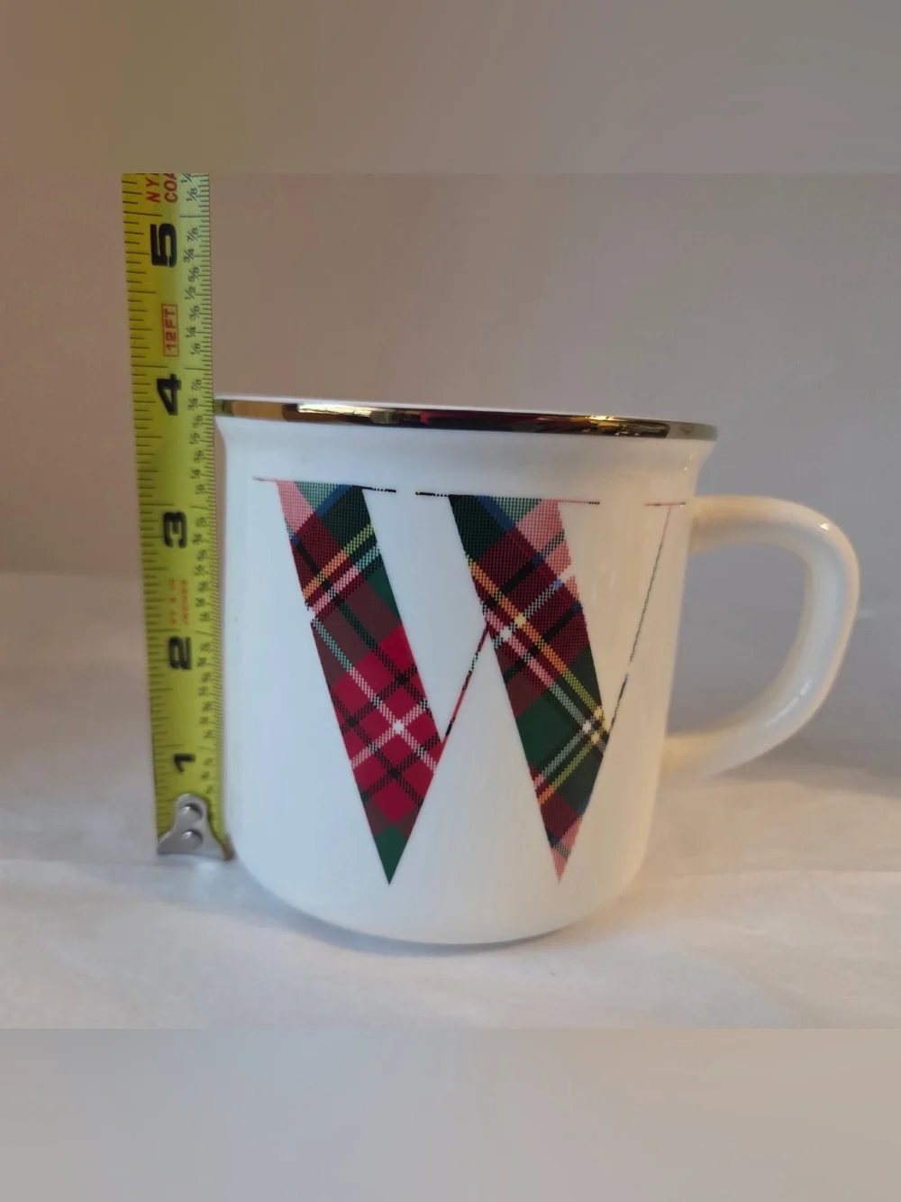 Pottery Barn Stewart Plaid Ceramic W Monogram Coffee Mug Red White Green